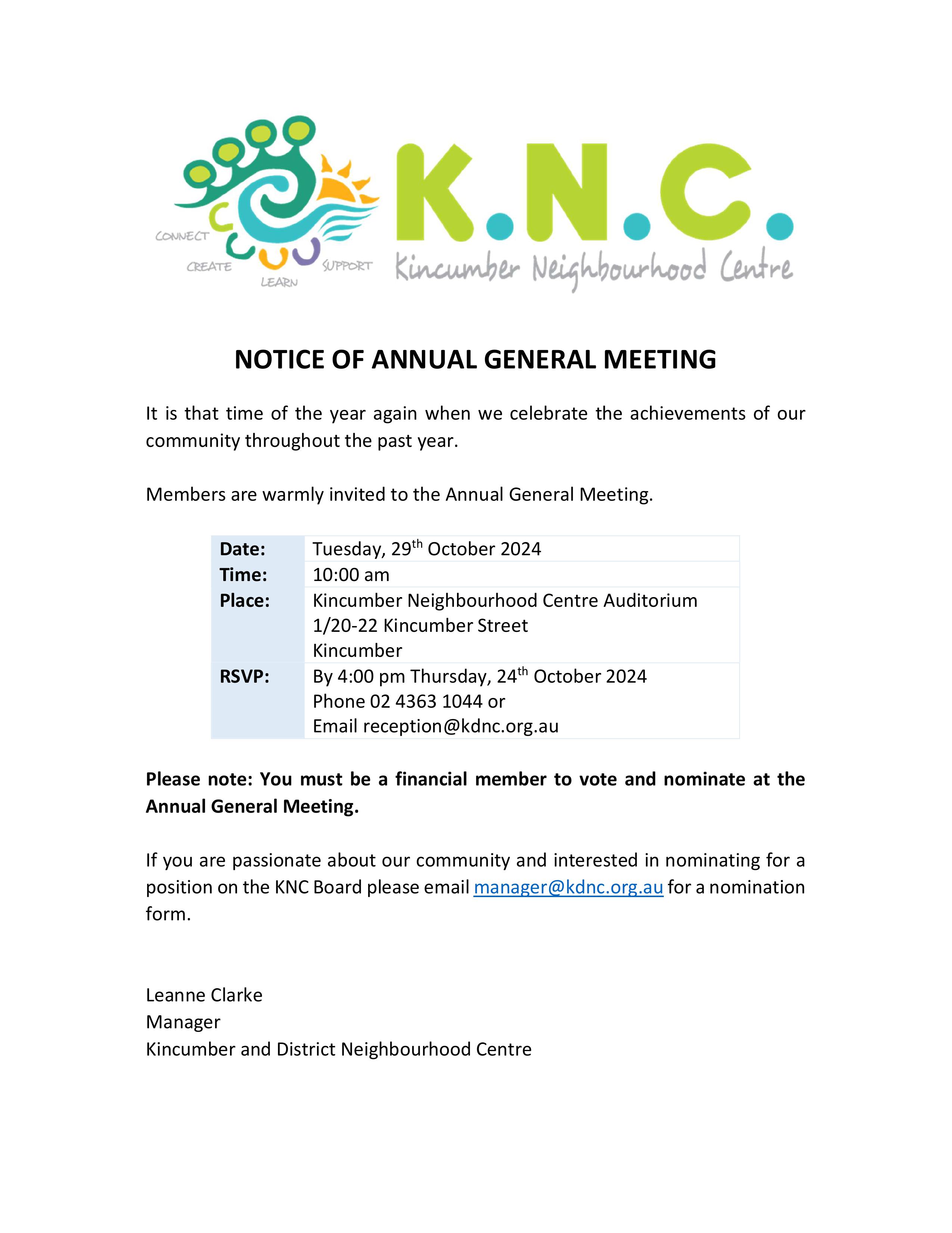 Notice of Annual General Meeting for Kincumber Neighbourhood Centre 2024